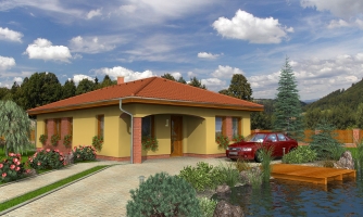Proyecto de casa con un tejado a cuatro aguas y terraza, ideal para una parcela estrecha.